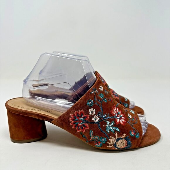 Chicos Slide Sandals Size 9 Brown Suede Floral Embroidered Wanda Heels - Picture 1 of 12